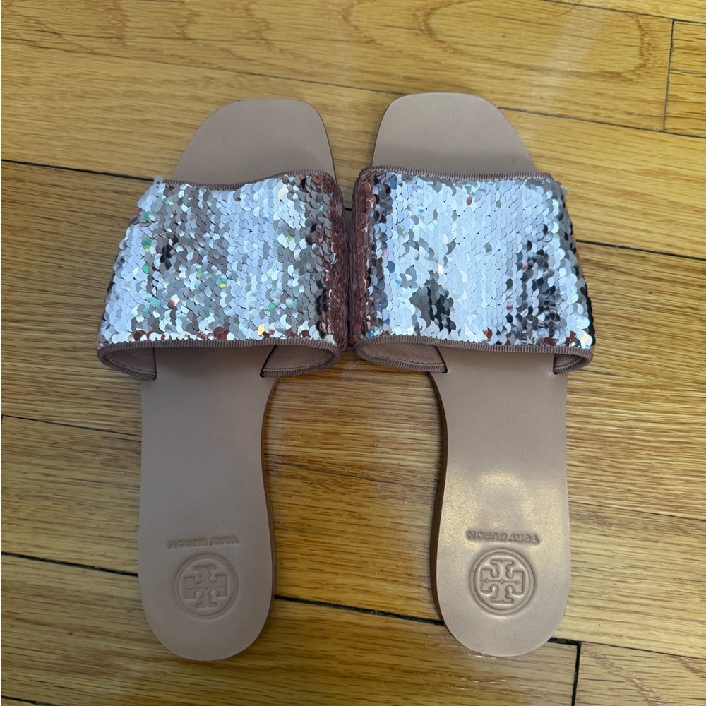 Tory Burch Sequin Slide Sandals - Silver and Tan